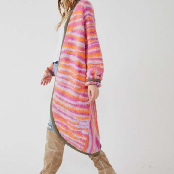 Free People Sweaters - Free People Medium Tiger Stripe Open Front Long Cardigan Sweater Pink NWT $328